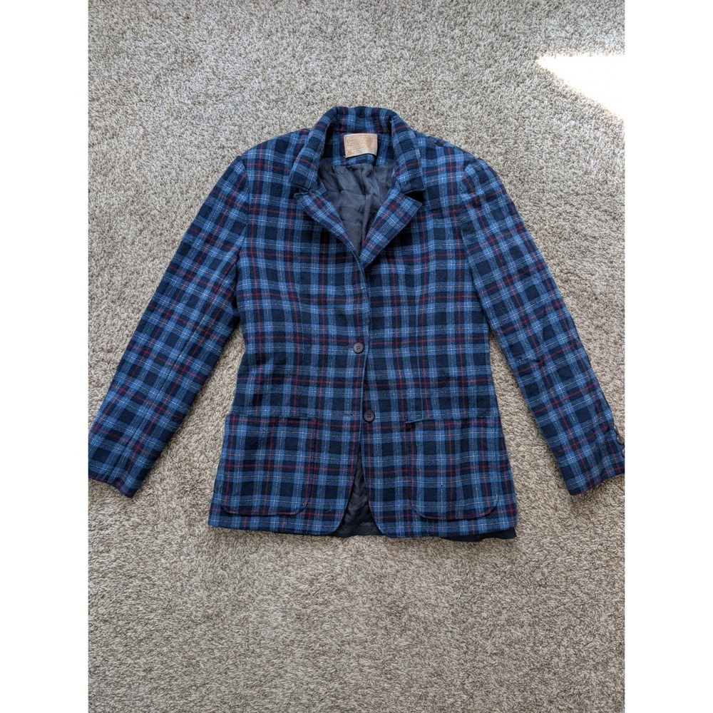 Pendleton Wool Blazer Womens M Blue Plaid Vintage 70s USA Tartan Librarian